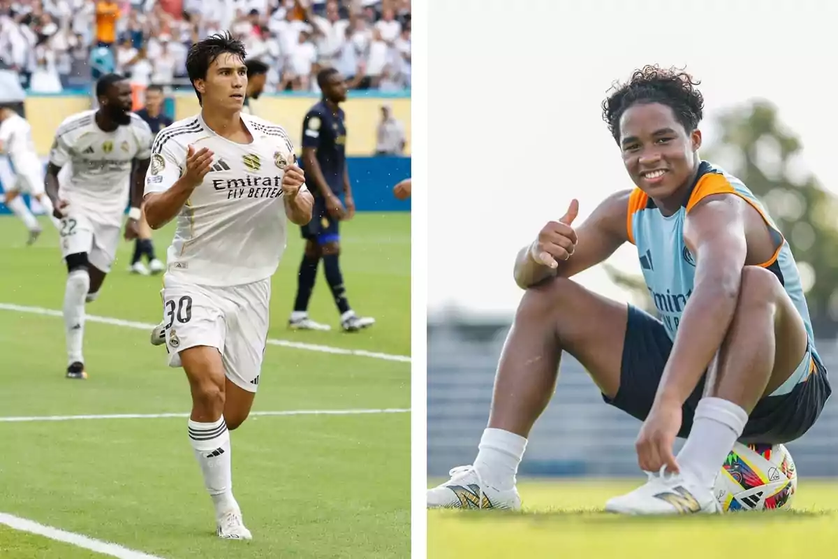 Dos jóvenes futbolistas del Real Madrid; uno celebrando un gol en el campo y otro sentado sobre un balón sonriendo y mostrando una señal de aprobación