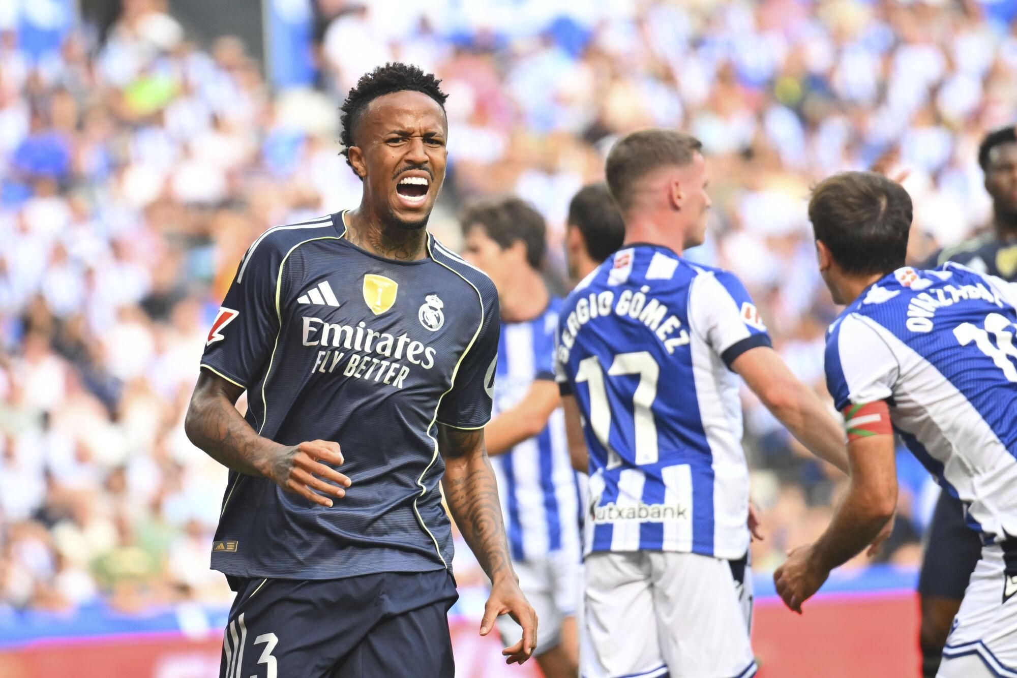 Real Madrid's Eder Militao reacts during the La Liga soccer match between Real Sociedad and Real Madrid at the Reale Arena in San Sebastian, Spain, Saturday, Sept. 13, 2025. (AP Photo/Miguel Oses)