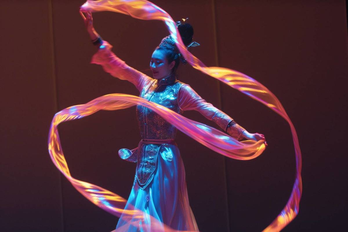 Bailarina con vestuario tradicional japonés manipula largas cintas iluminadas que forman ondas brillantes a su alrededor.
