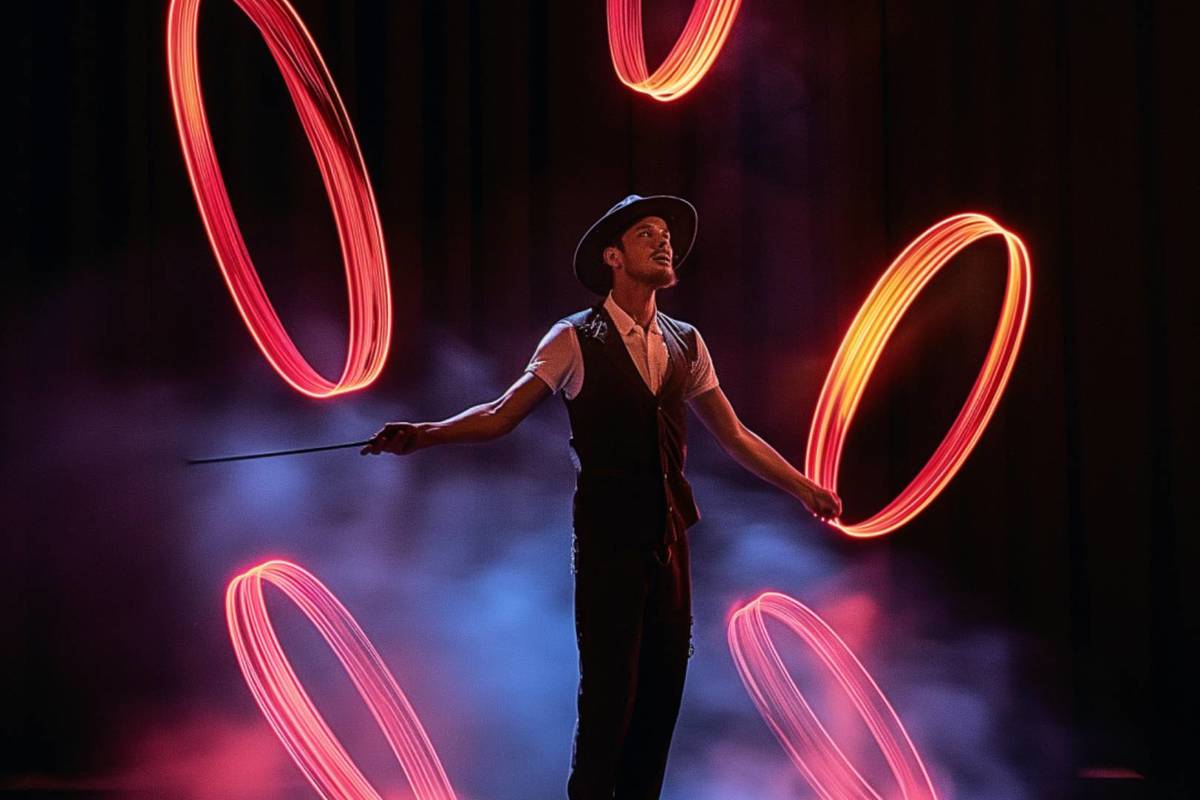 Artista con sombrero y chaleco lanza varios aros luminosos rojos que dejan estelas de luz sobre un escenario con humo.