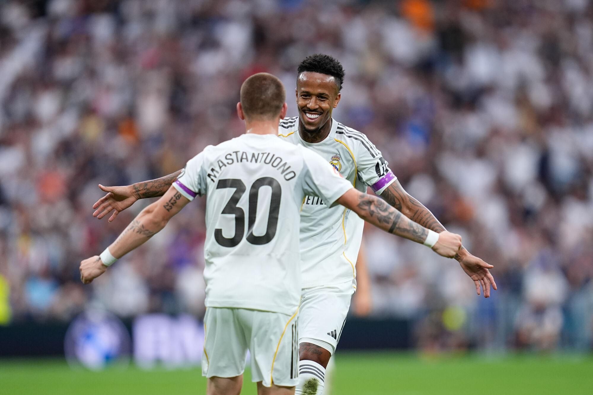 Eder Militao de Real Madrid CF celebra un gol durante el partido de La Liga española entre Real Madrid y Espanyol en el estadio Santiago Bernabeu el 20 de septiembre de 2025, en Madrid, España. AFP7 20/09/2025 SOLO PARA USO EN ESPAÑA. Dennis Agyeman / AFP7 / Europa Press;2025;SOCCER;SPAIN;SPORT;ZSOCCER;ZSPORT;Real Madrid v RCD Espanyol - LaLiga EA Sports;