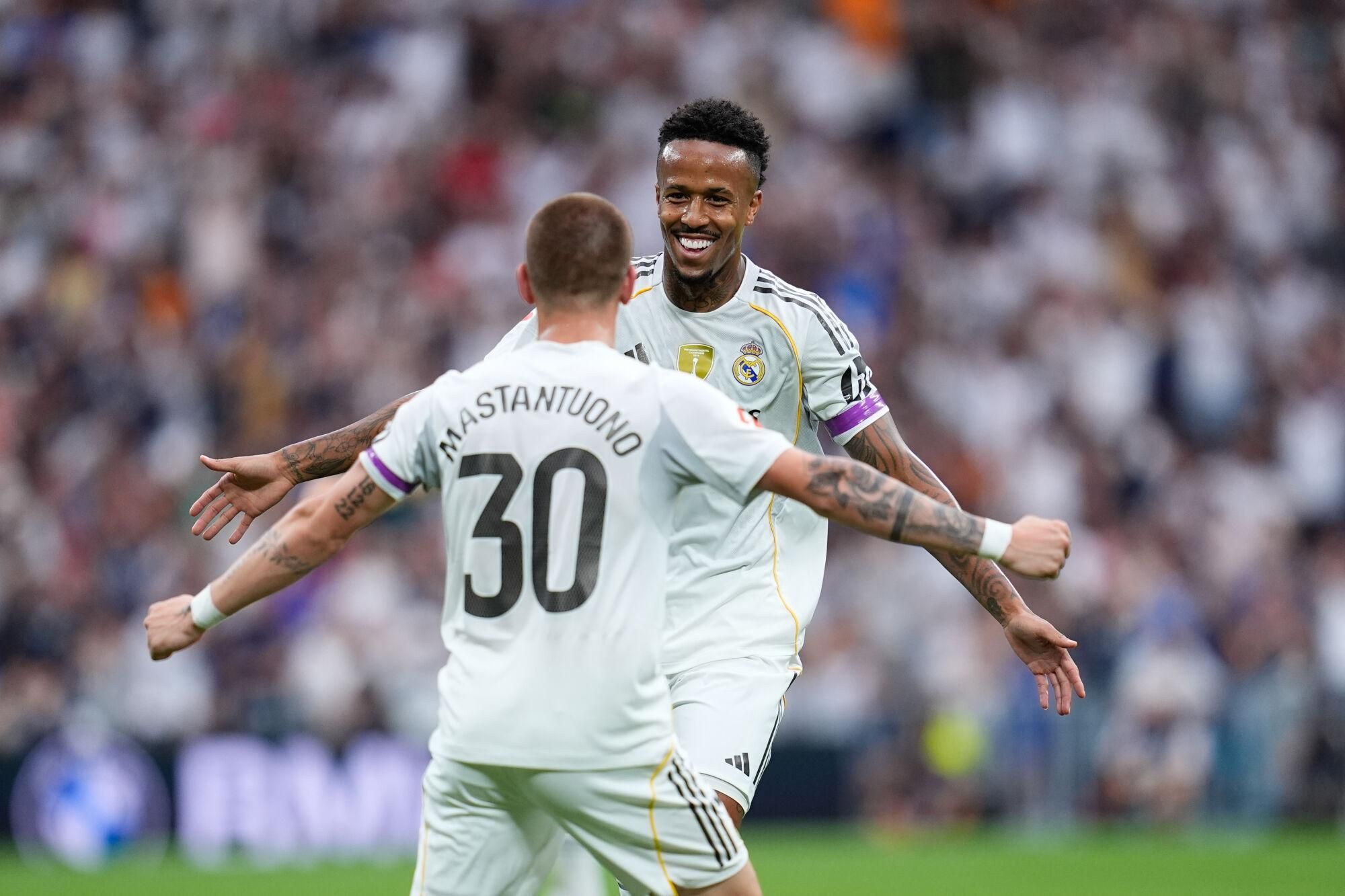 Eder Militao de Real Madrid CF celebra un gol durante el partido de La Liga española entre Real Madrid y Espanyol en el estadio Santiago Bernabeu el 20 de septiembre de 2025, en Madrid, España. AFP7 20/09/2025 SOLO PARA USO EN ESPAÑA. Dennis Agyeman / AFP7 / Europa Press;2025;SOCCER;SPAIN;SPORT;ZSOCCER;ZSPORT;Real Madrid v RCD Espanyol - LaLiga EA Sports;