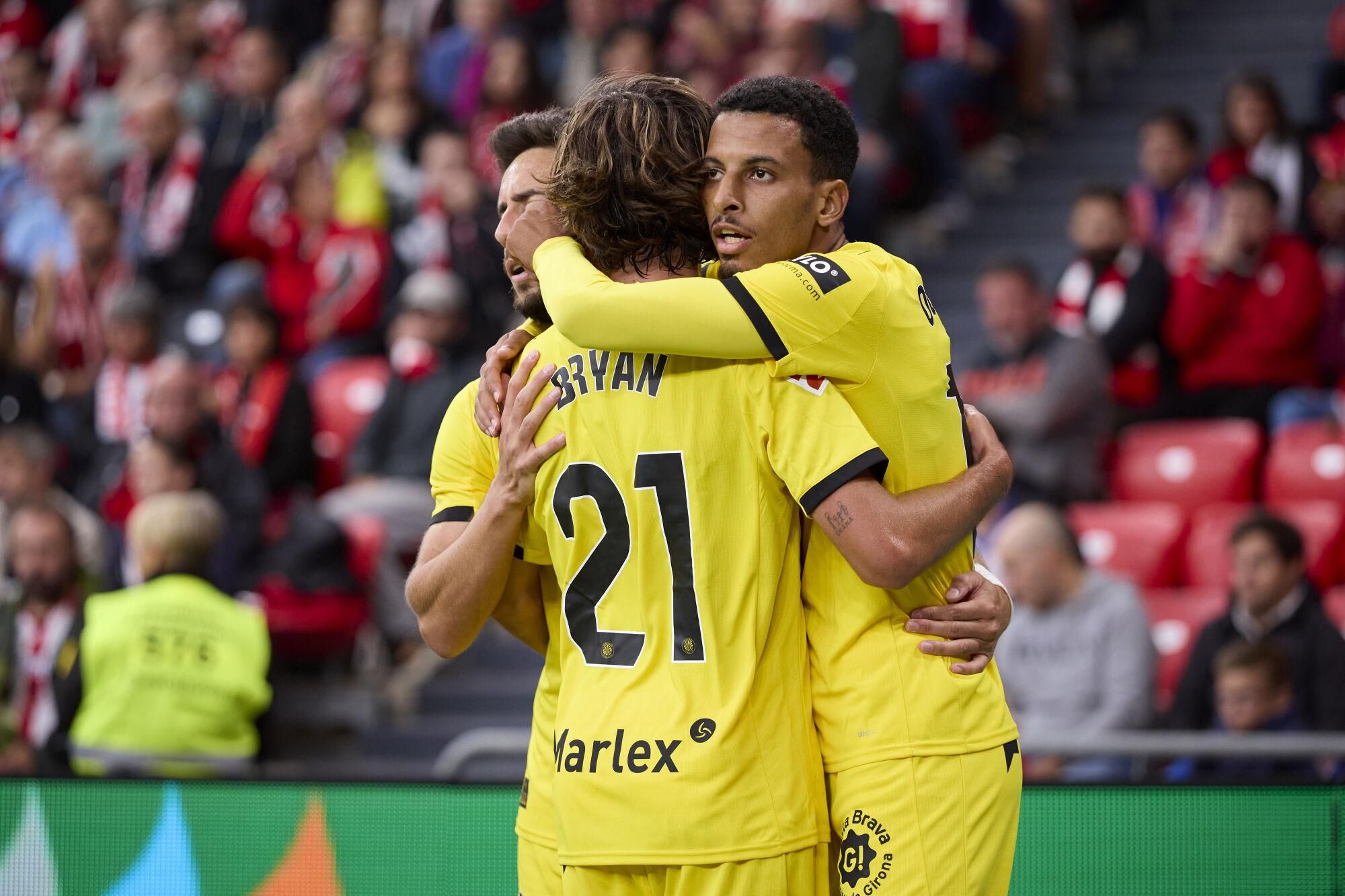 Azzedine Ounahi de Girona celebra el primer gol durante el partido de LaLiga EA Sports Athletic Club vs Girona FC en San Mamés, Bilbao, España. AFP7 23/09/2025.