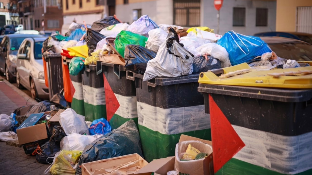 Reyes Maroto genera controversia para el PSOE al colocar banderas palestinas en los contenedores de basura de Madrid.