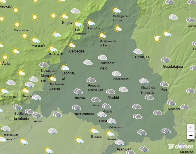 Cielo nublado y precipitaciones ligeras en Madrid.