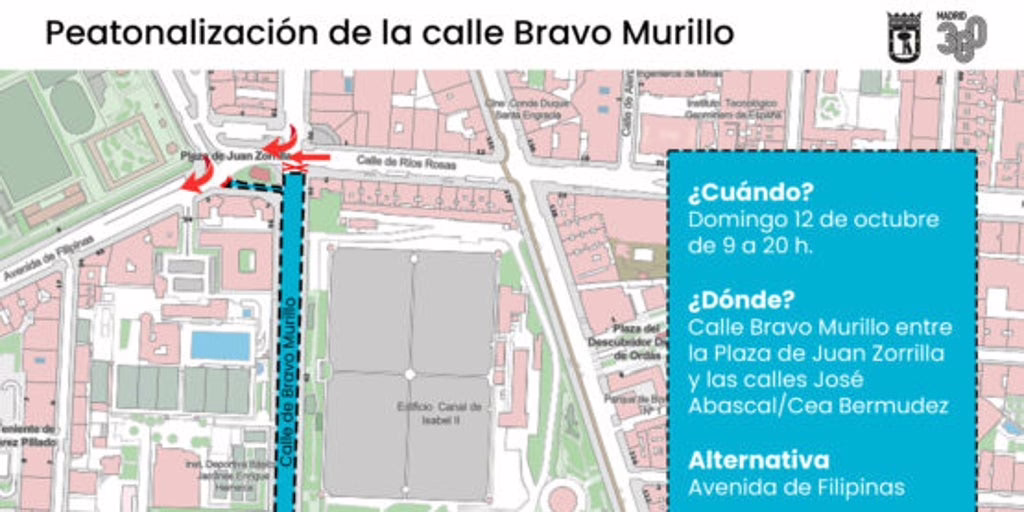 Este domingo, el Ayuntamiento de Madrid convertirá en peatonal un sector de Bravo Murillo en Chamberí.