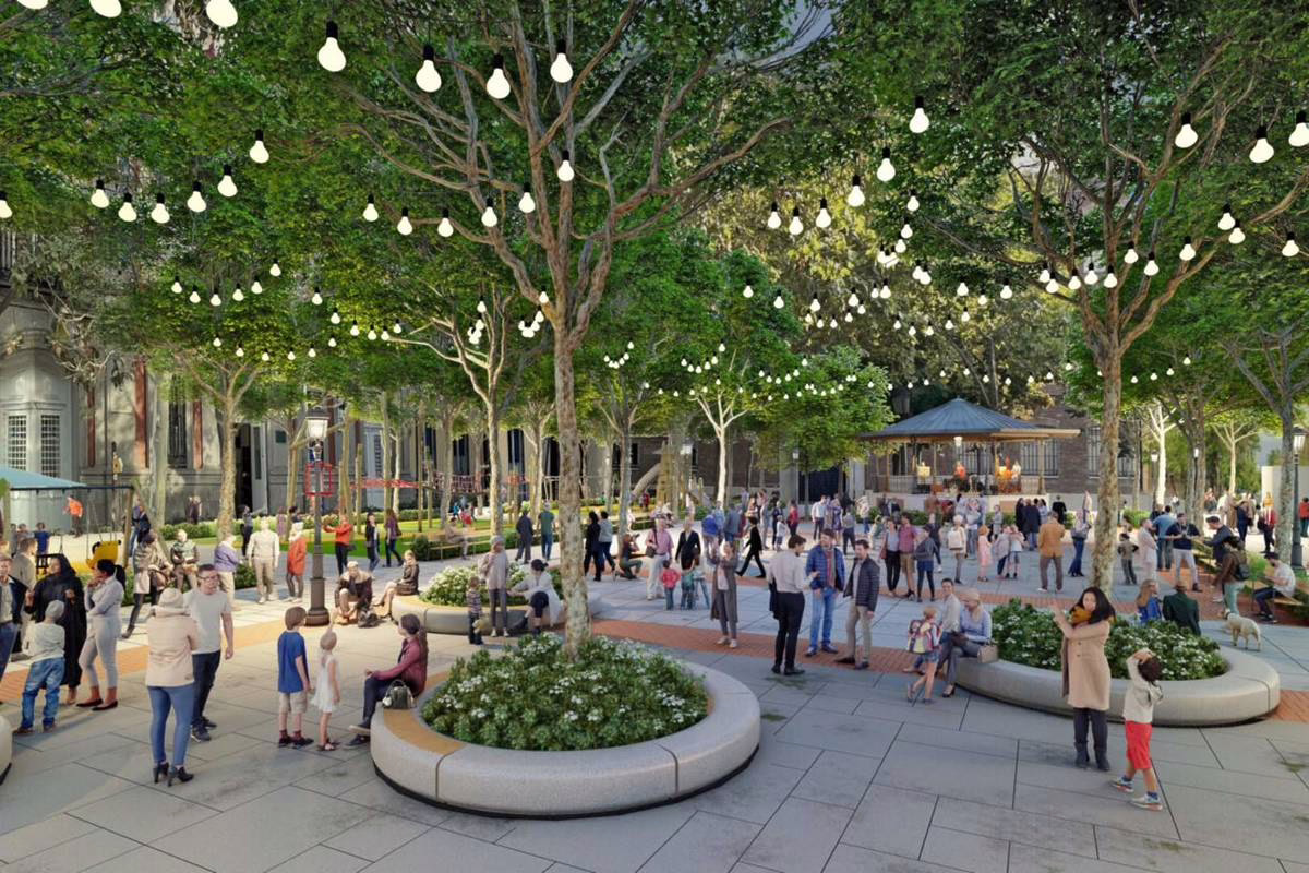 Una renovada plaza cuadrada, más áreas arboladas y una zona infantil expandida.