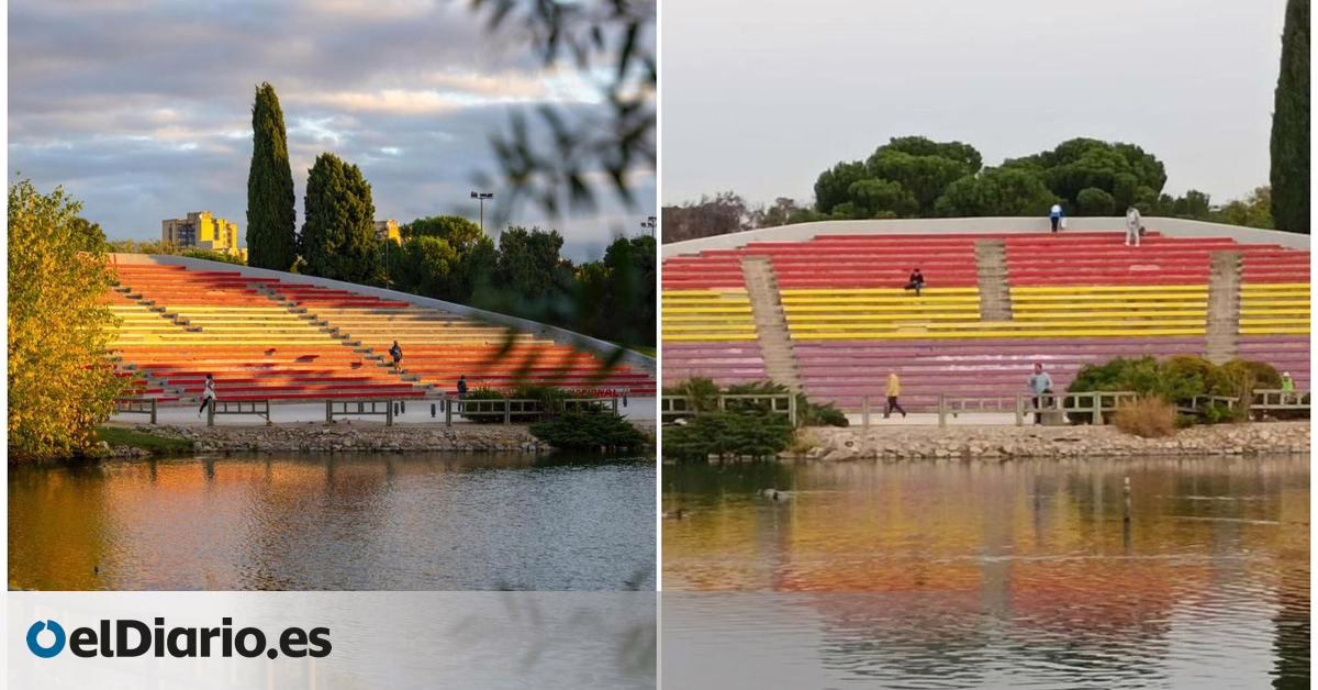 Un grupo ultra tiñe de rojo y amarillo las gradas de un parque en Madrid, pero una semana después recobran su carácter republicano.