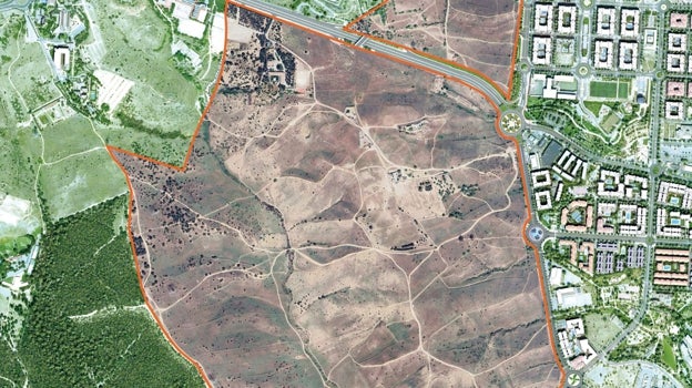 Imagen antes - Mapa actual del terreno y recreación del plano del futuro barrio