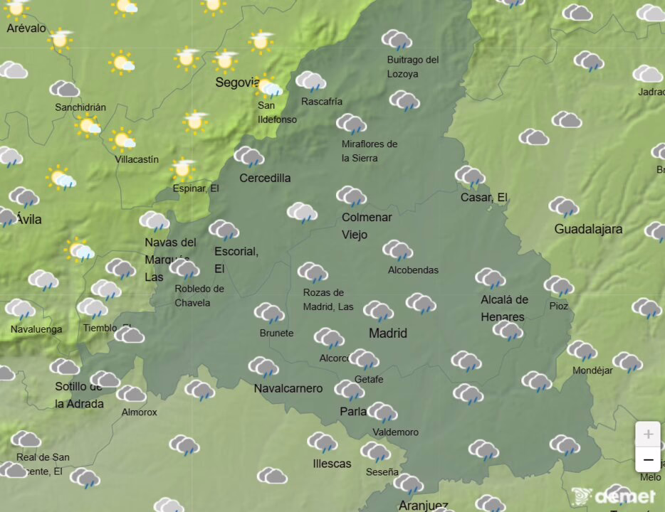 Precipitaciones y tormentas en Madrid y localidades cercanas hoy.