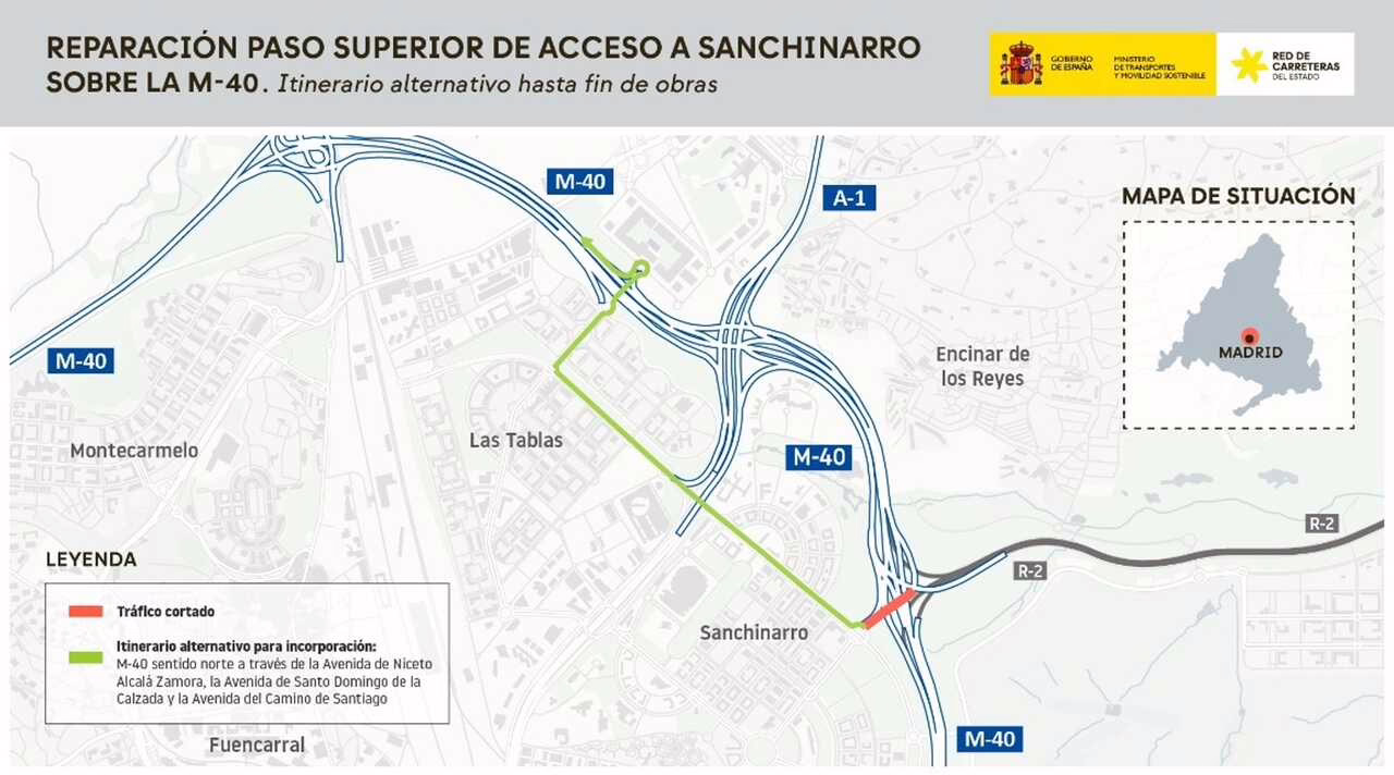 Interrupciones en la M-40 desde Sanchinarro debido a trabajos de construcción.