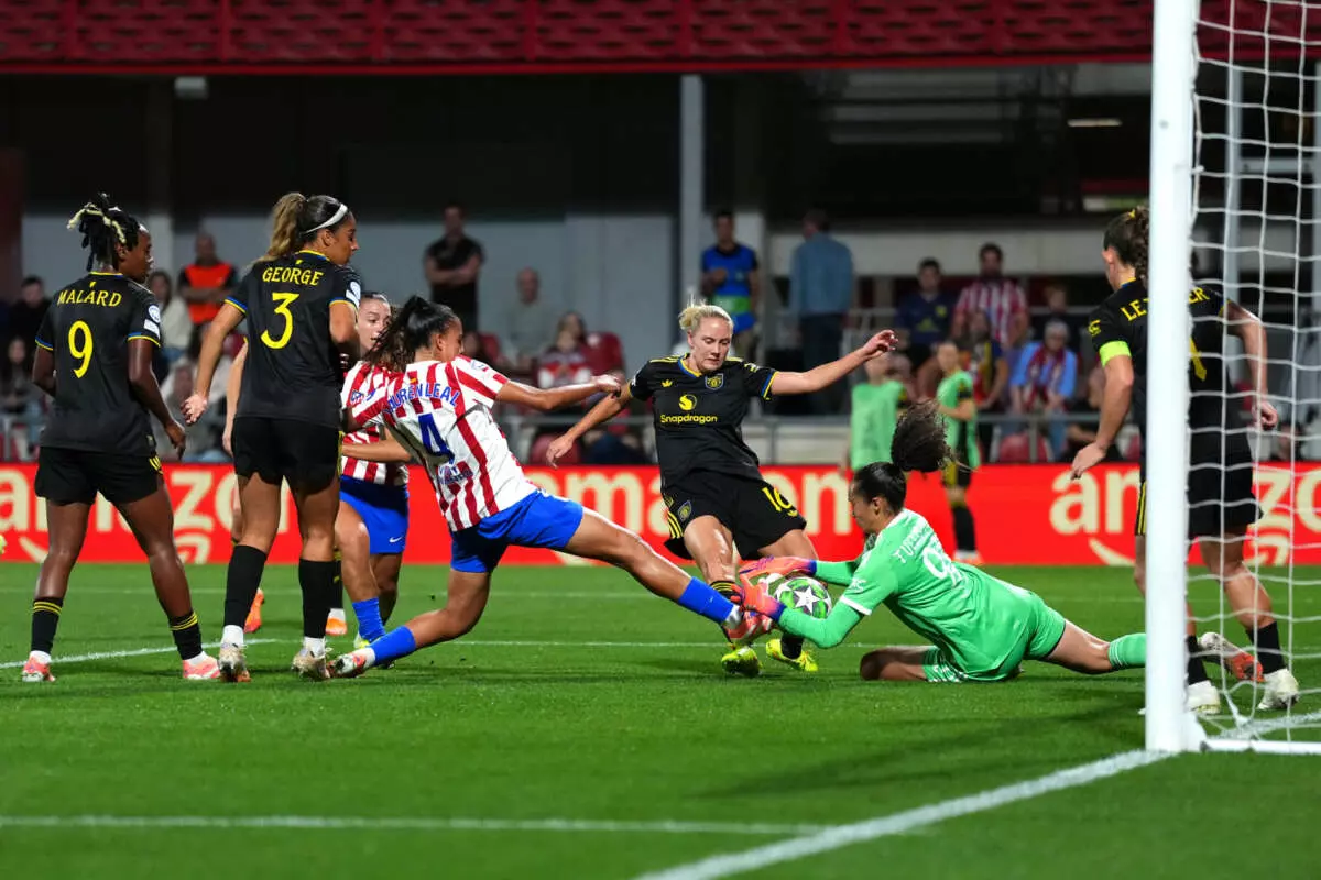 MADRID, SPAIN - OCTOBER 16: Phallon Tullis-Joyce of Manchester United makes a save during the UEFA Women's Champions League 2025/26 league phase match between Club Atletico de Madrid and Manchester United Women at on October 16, 2025 in Madrid, Spain. (Photo by Angel Martinez - UEFA/UEFA via Getty Images)