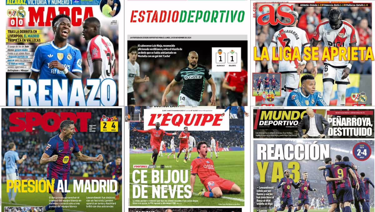 El descenso de rendimiento del Real Madrid, la victoria del Barcelona y la 'deslealtad' de Luis Rioja hacia el Real Betis, así se presentan las portadas.