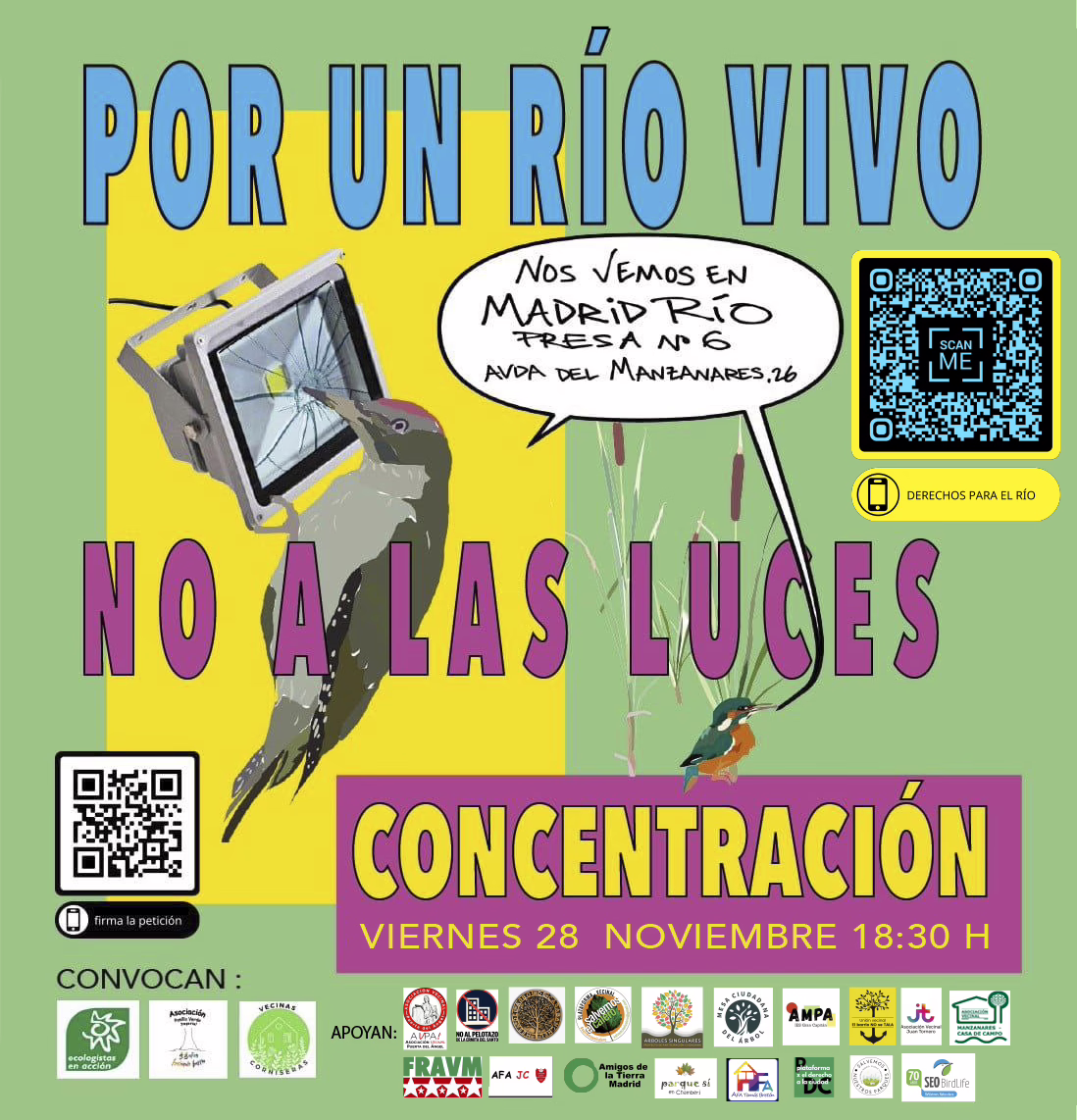 Grupos comunitarios y ecologistas protestan contra la iluminación en el lecho del Manzanares.