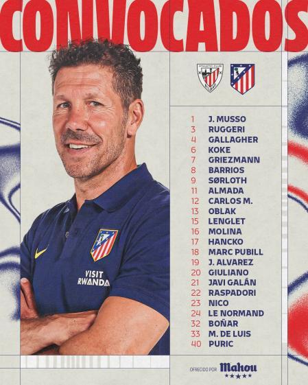 Simeone recluta a dos canteranos para suplir las muchas bajas para San Mamés.