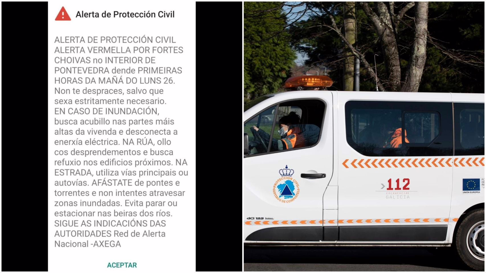 Activación del aviso Es-Alert debido a alerta roja por intensas lluvias en el interior de Pontevedra.