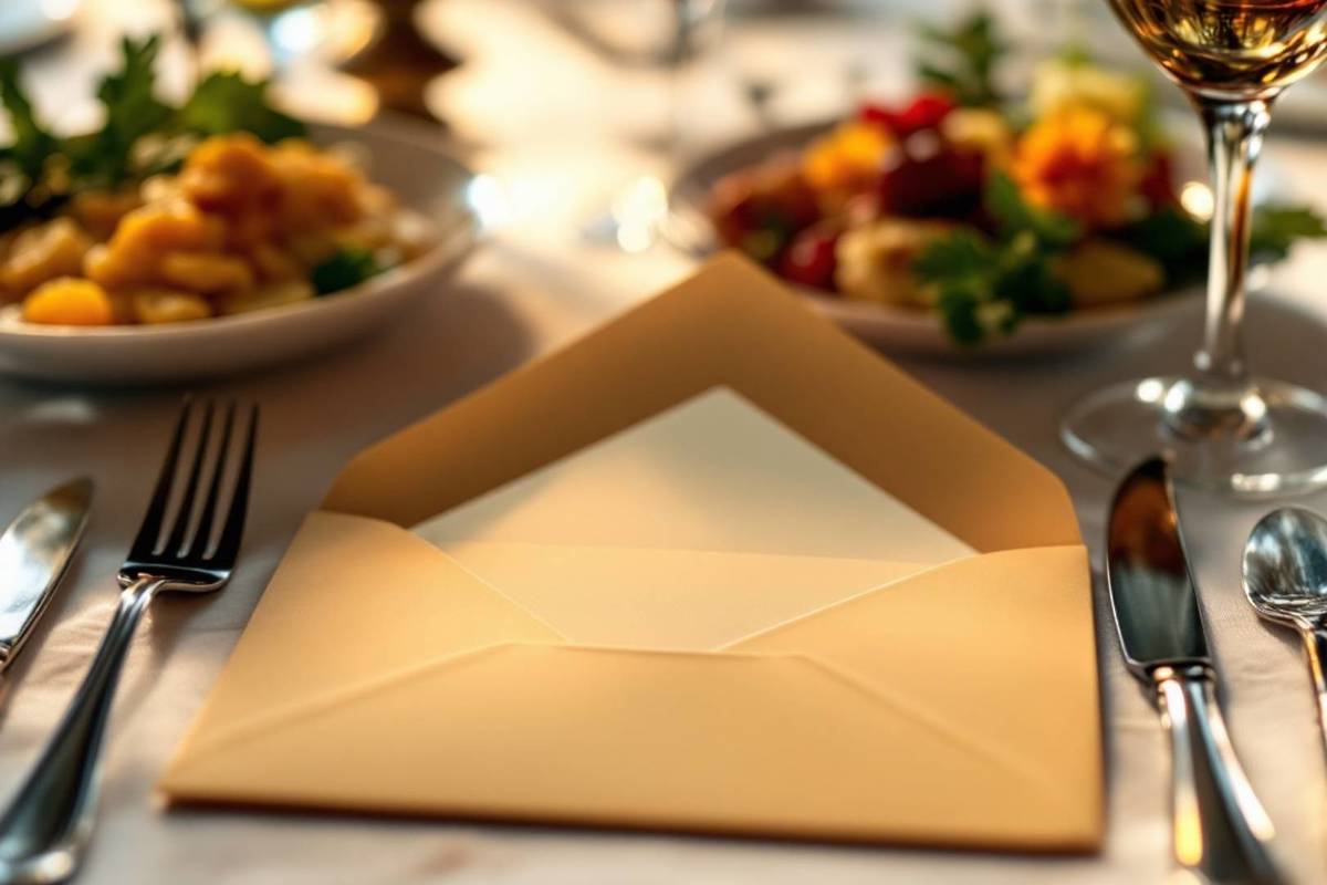Primer plano de un sobre con un papel blanco en su interior, situado sobre una elegante mesa con platos y decoración en The Guilty Banquet.