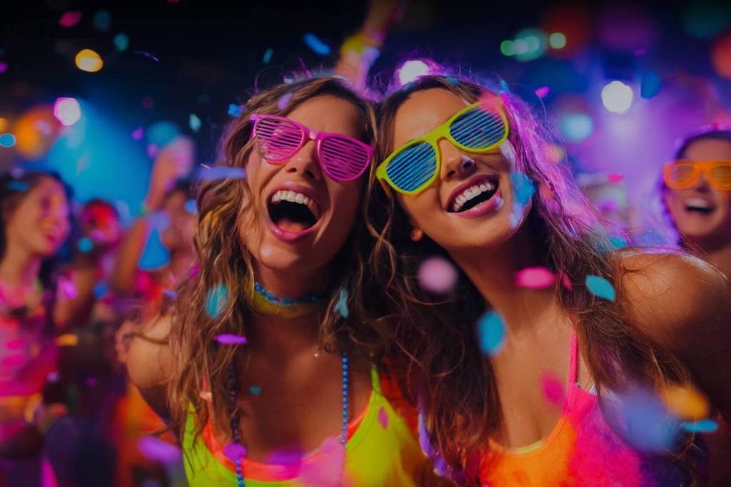 Chicas sonriendo vestidas de neón en Bingo Mingo.