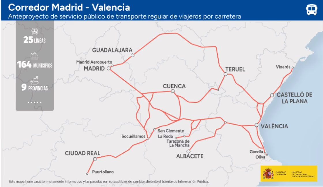 Transportes presenta para consulta pública el borrador del Corredor Madrid-Valencia en el mapa concesional y preserva todas las paradas existentes.