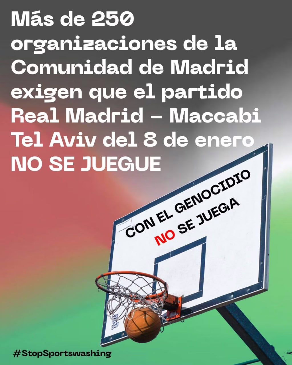 Más de 250 entidades exigen la cancelación del encuentro entre el Real Madrid y el Maccabi Tel Aviv.