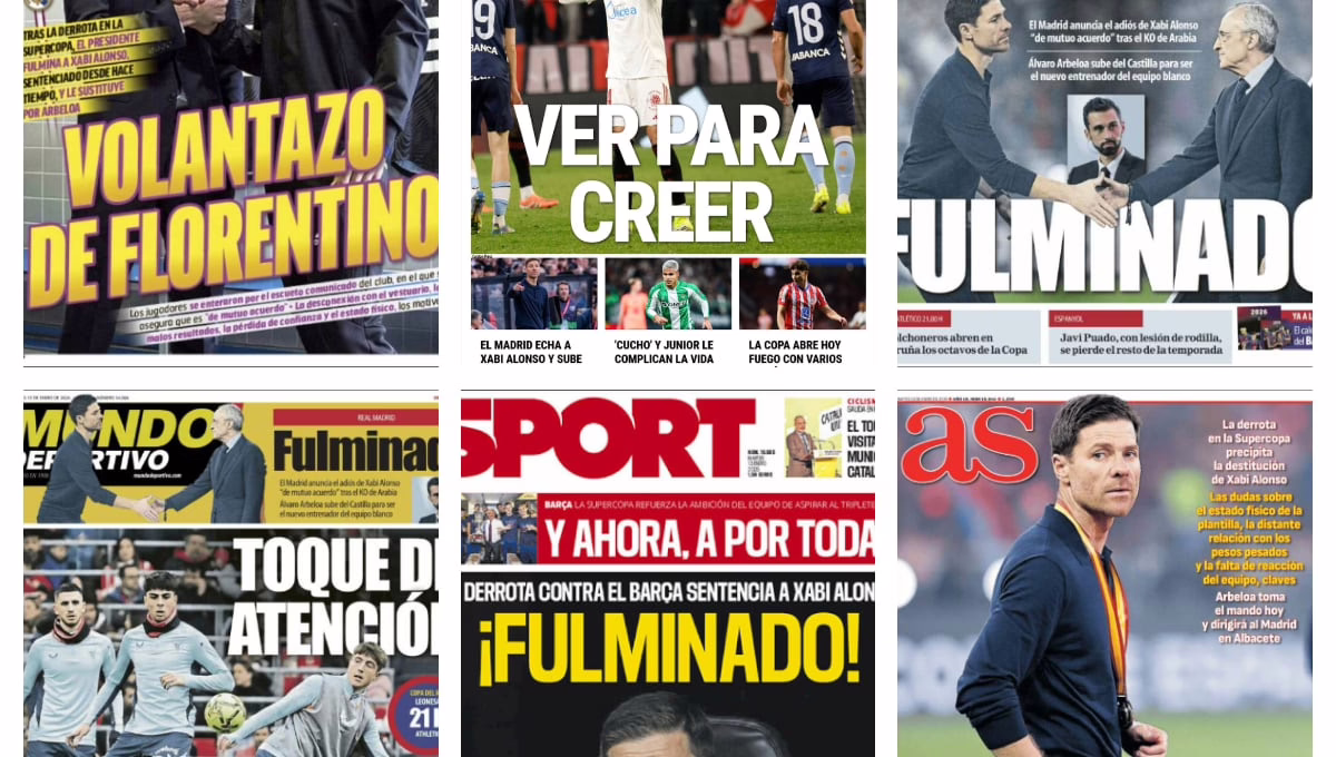 El Sevilla se encuentra en problemas en LaLiga, Xabi Alonso es despedido del Real Madrid, y comienzan los octavos de final de la Copa del Rey... Así se presentan las primeras páginas de los medios deportivos.