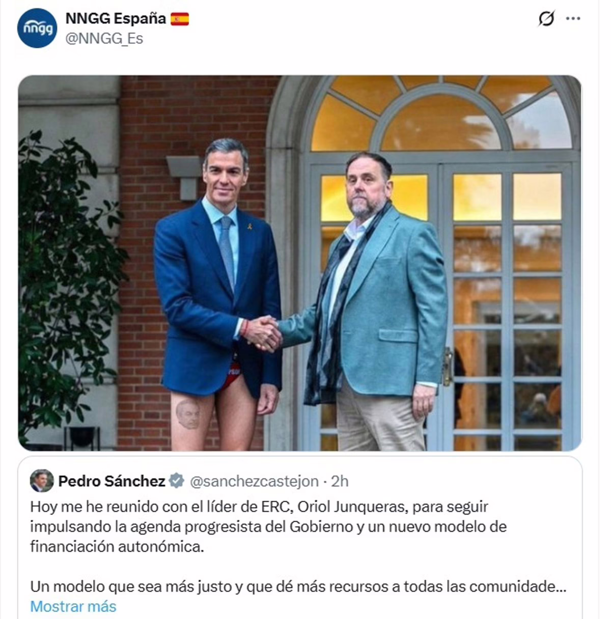 Nuevas Generaciones del PP publica una imagen de Sánchez sin pantalones frente a Junqueras.