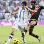 Jon Aramburu, lateral de la Real Sociedad, durante un partido de LaLiga, pretendido por el Manchester City.