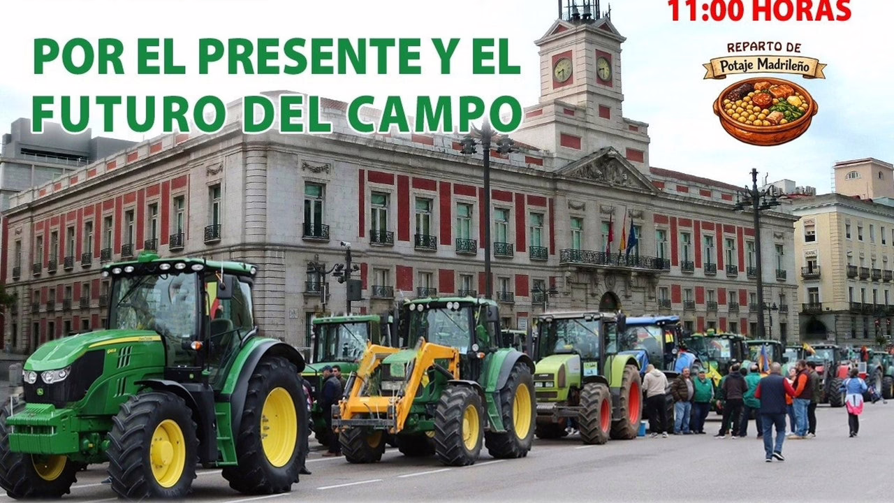 Agricultores de Madrid se manifiestan hoy en Sol en oposición al pacto entre la UE y Mercosur.