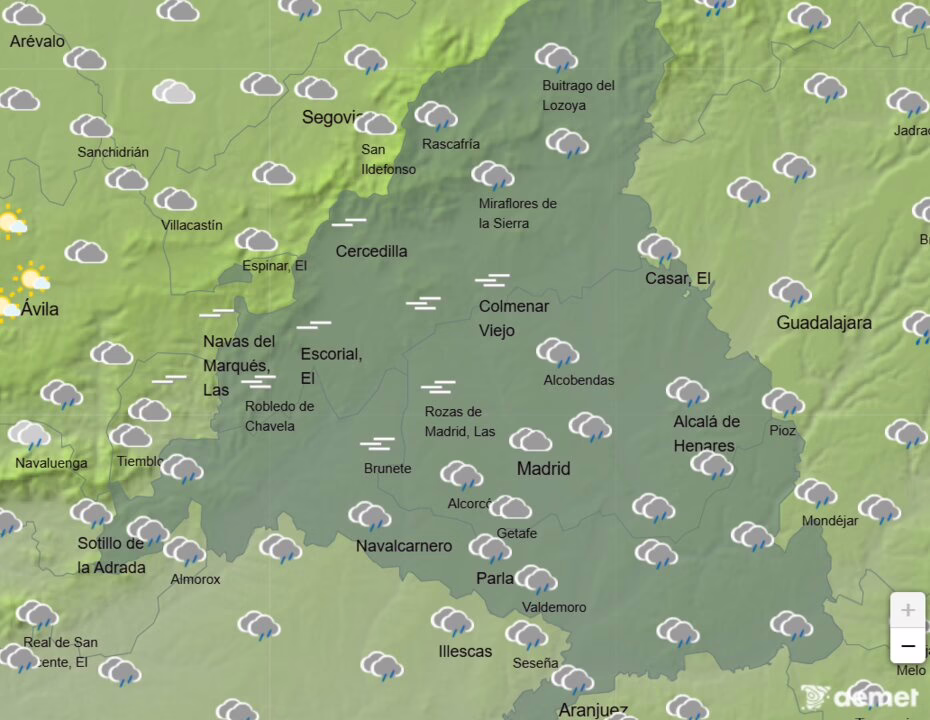 Previsión de lluvias y temperaturas que alcanzarán los 15ºC hoy en la Comunidad de Madrid.