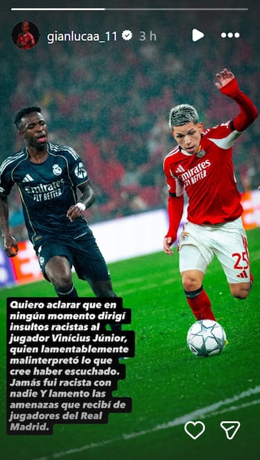 Prestianni se defiende: “No proferí insultos racistas a Vinicius, él malinterpretó lo que cree haber escuchado”