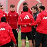 Entrenamiento del Sevilla FC en la Ciudad Deportiva José Ramón Cisneros Palacios durante la semana previa al partido ante el Getafe