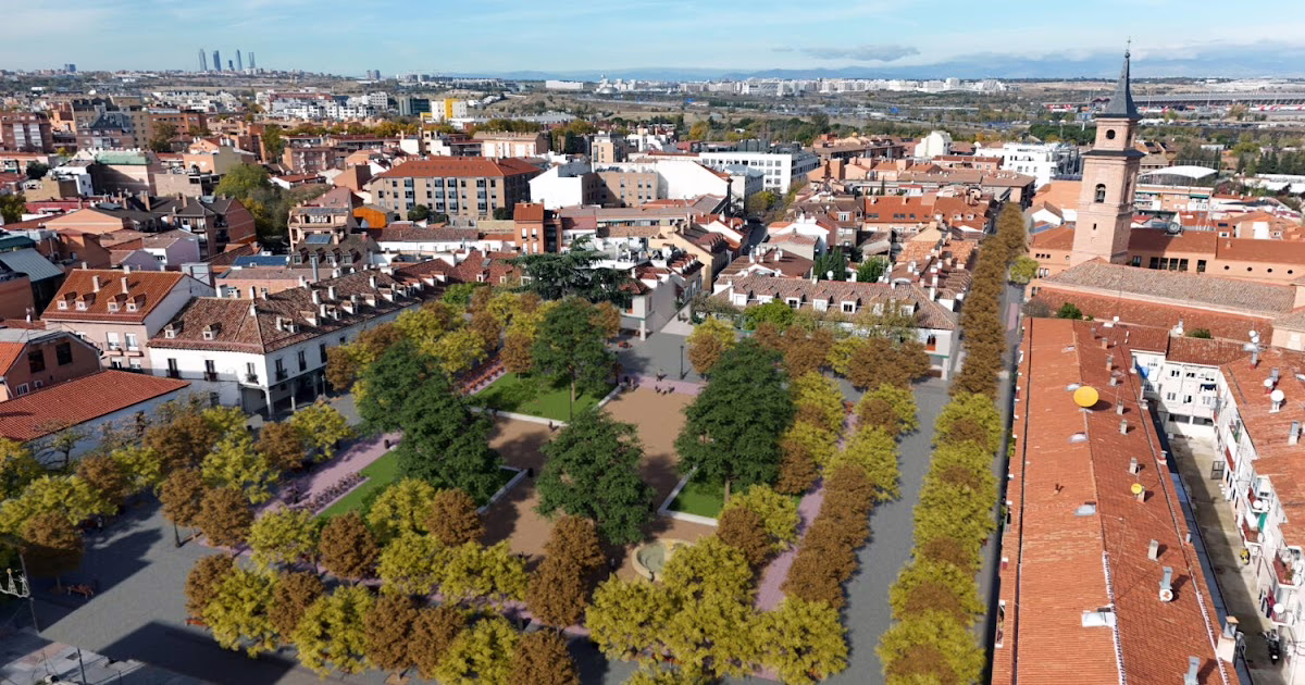 Proyectos de peatonalización en la plaza Mayor de Barajas y sus alrededores hasta finales de 2027, incluyendo la plantación de 94 nuevos árboles.
