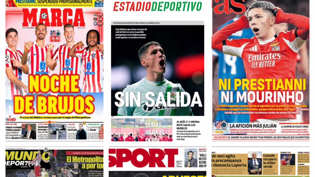Modificaciones en los planes del Betis respecto a Altimira, el Atlético de Madrid se enfrenta a un desafío en la Champions, Prestianni y Mourinho ausentes en el duelo contra el Real Madrid... Así se presentan las portadas.