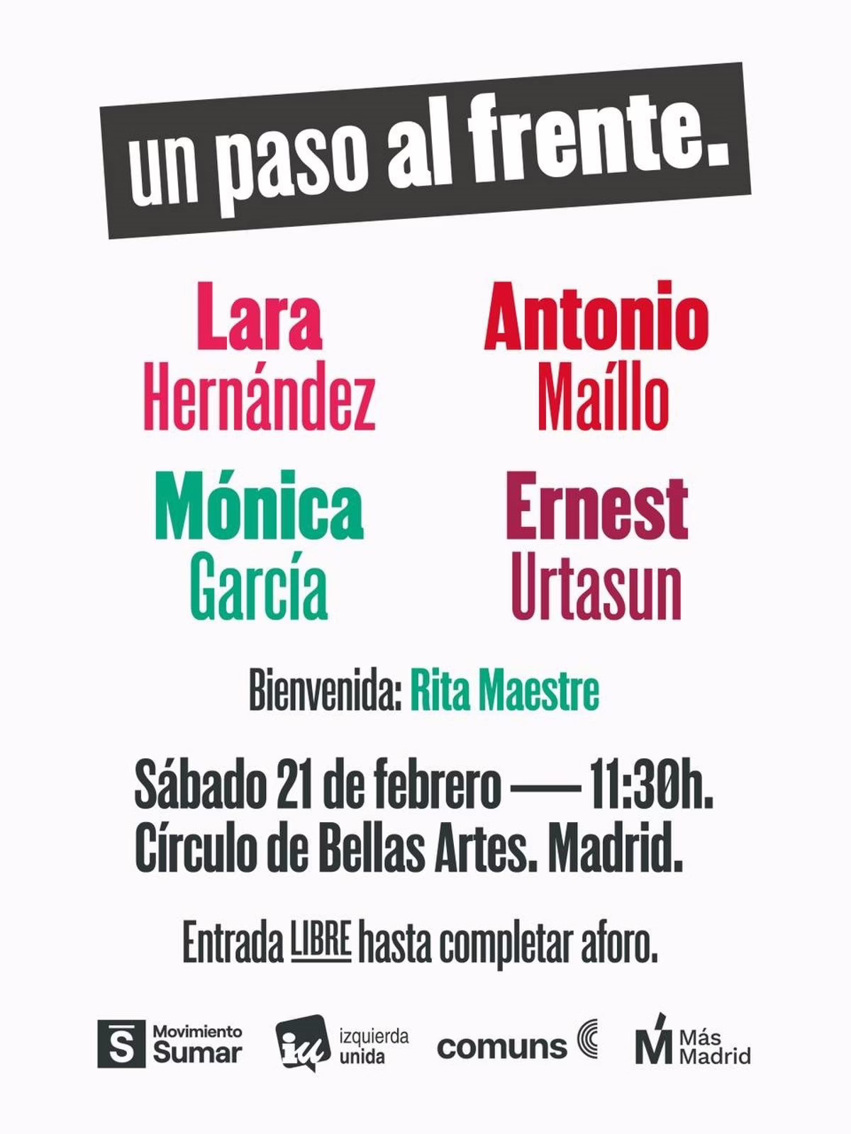 Más de 300 personas forman fila para participar en el evento de reconstitución de la alianza entre IU, Sumar, Comuns y Más Madrid.