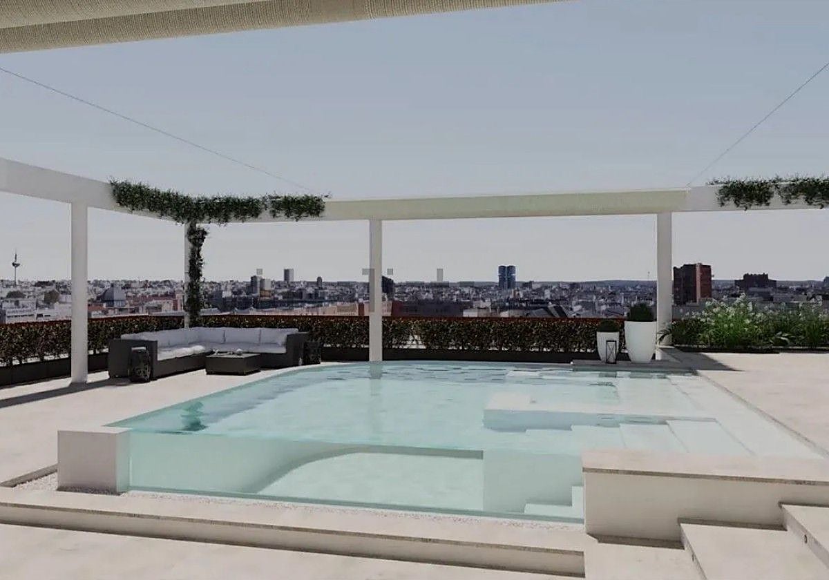 La piscina infinity con vistas al skyline de Madrid.