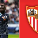 Arouna Sangante, central del Le Havre de 23 años, junto al escudo del Sevilla FC, club con el que ha alcanzado un acuerdo por cinco temporadas según L'Equipe en abril de 2026