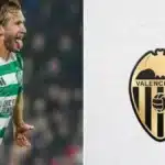 Benjamin Nygren celebra un gol con la camiseta del Celtic FC junto al escudo del Valencia CF, club que ha entrado en la puja por el extremo sueco para el mercado de verano de 2026