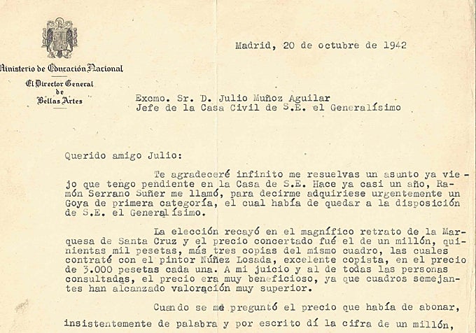 Fragmento de la carta hallada en el Rastro, según la cual Franco abonó 1,5 millones de pesetas por el retrato de Goya, pero dejó a deber 9.000 pesetas por tres copias del cuadro